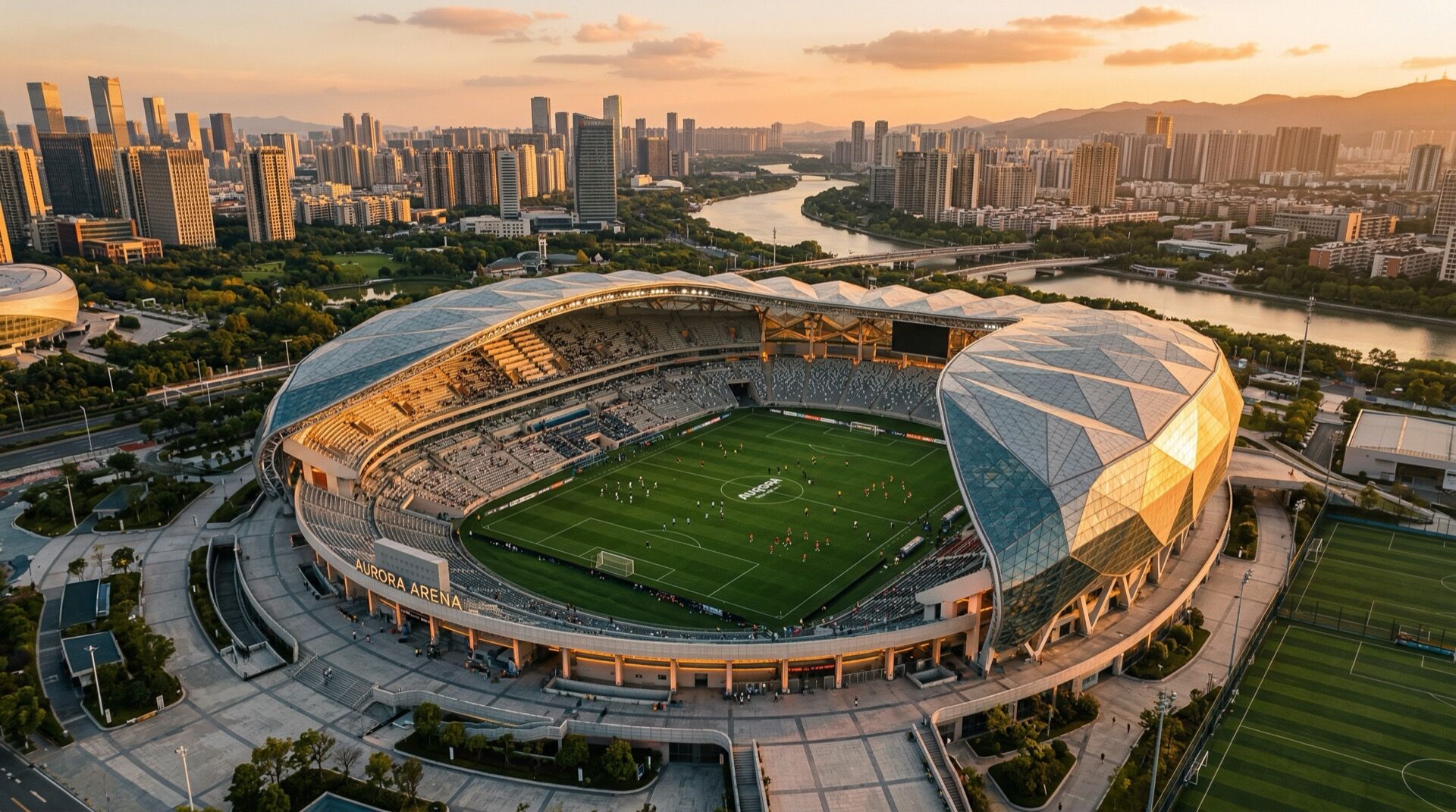 Aerial view of a modern stadium at golden hour